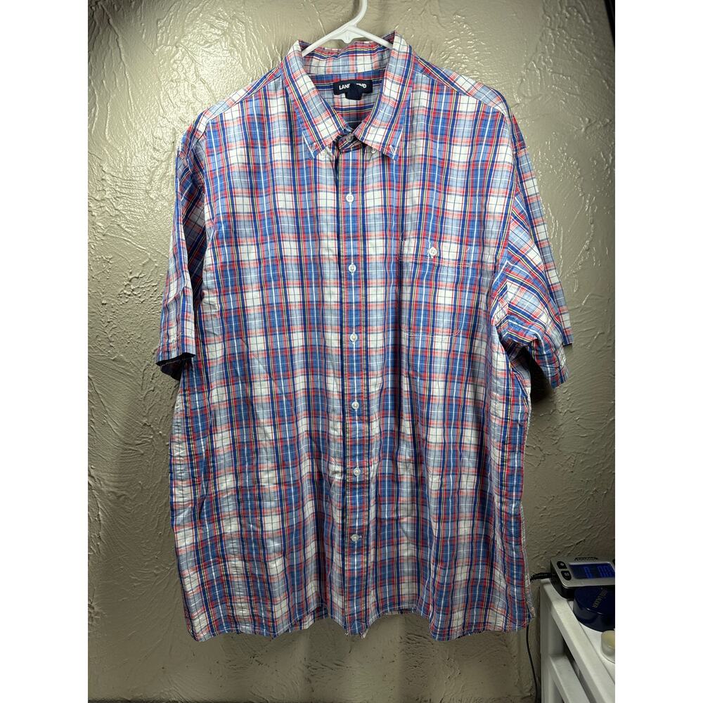 Lands' End‎ Pink Blue White Plaid Cotton Button Short Sleeve Shirt Size XXL